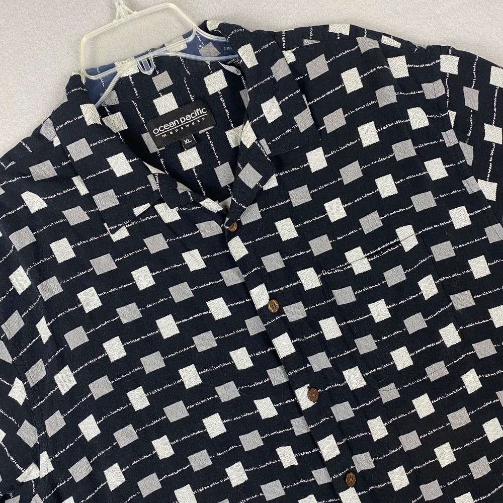 Ocean Pacific Mens XL Short Sleeve Button Up Shirt Geometric Square Black Grey